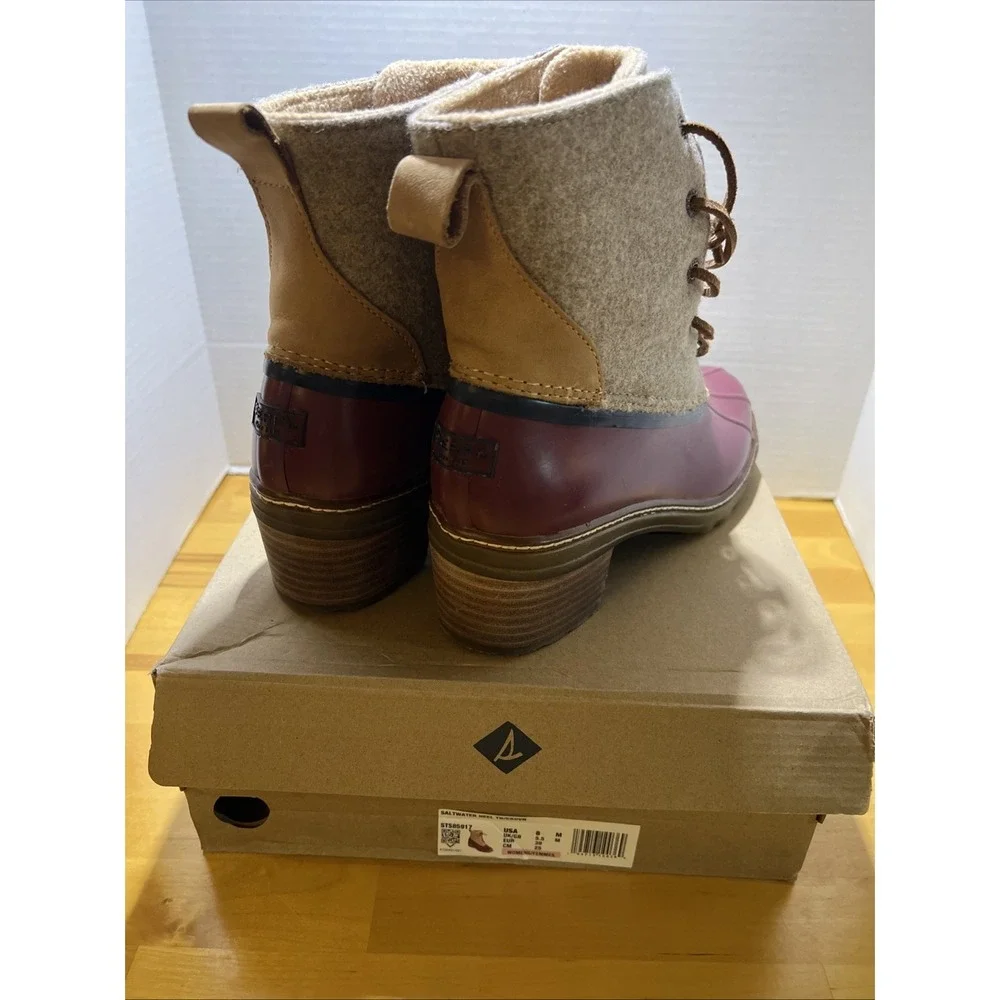 Sperry Saltwater Wool Womens Rain Duck Boots Tan Burgundy Lace Up Fall Winter 8M